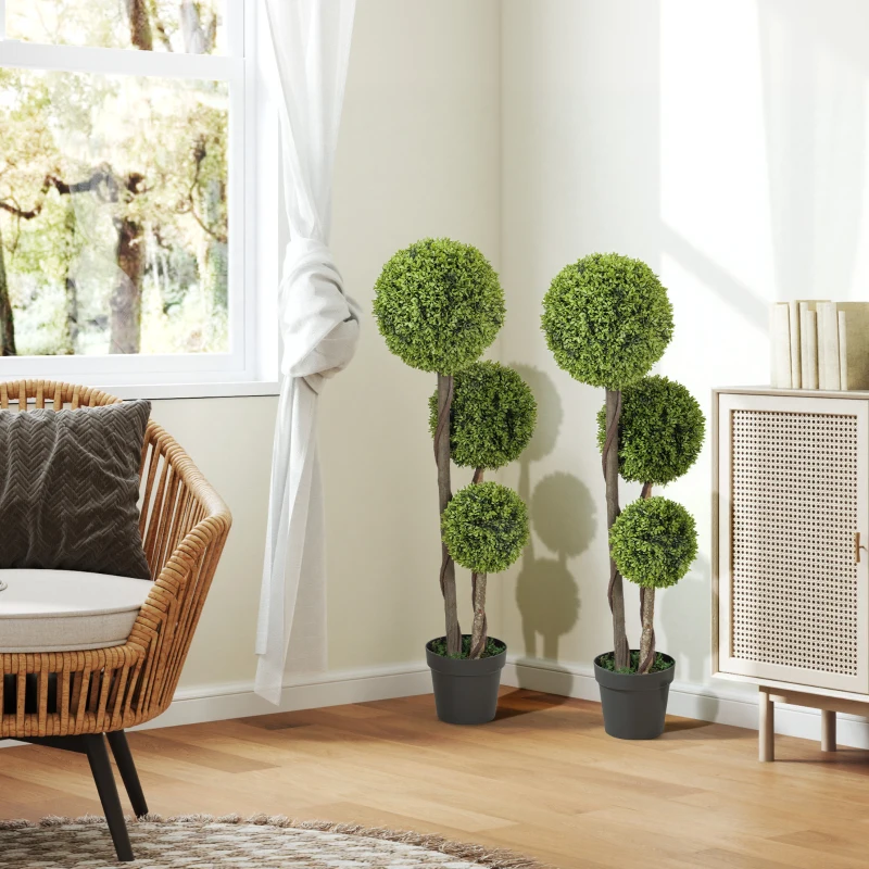 HOMCOM 45 Inch Potted Fake Plant Set of 2, Artificial Boxwood Topiary Tree, Triple Ball Tree for Indoor and Outdoor, Green