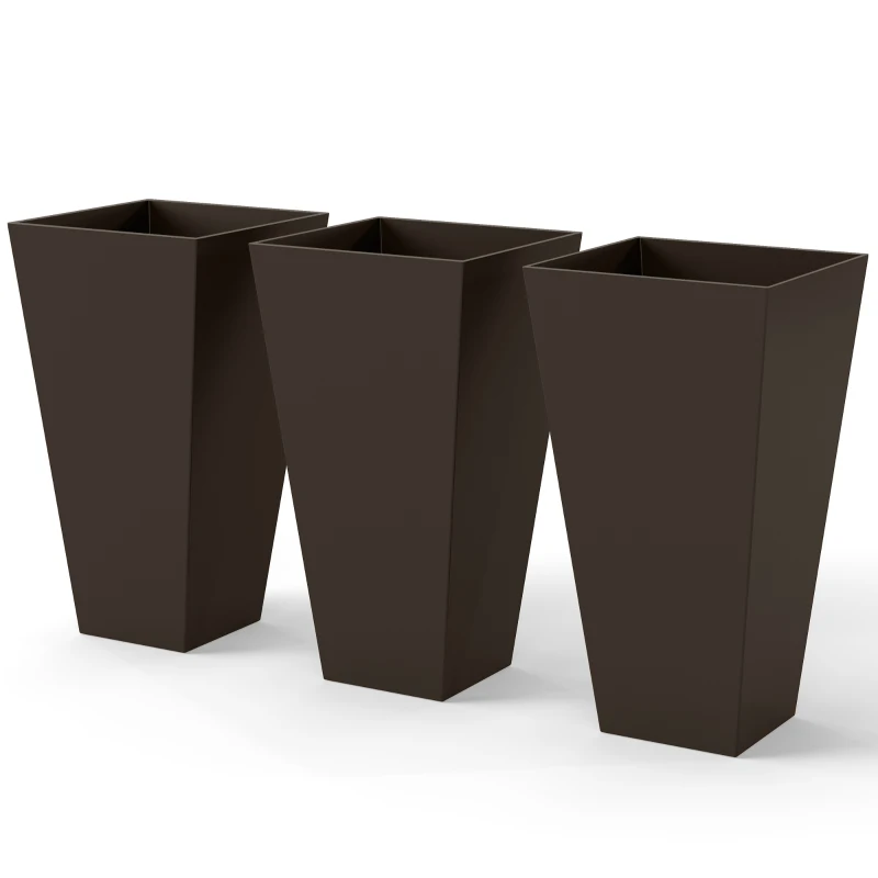 Outsunny 28" Tall Garden Plastic Planters, Outdoor and Indoor Flower Pots, Set of 3 for Entryway, Patio, Yard, Brown