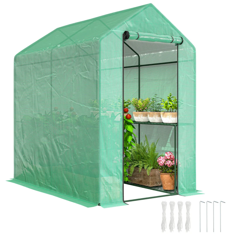 Outsunny Walk-in Greenhouse Outdoor Portable Plant Flower Growth Warm House with Roll-up Door, 73" x 47" x 75", Green