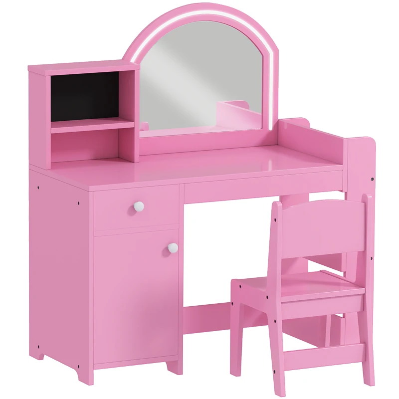 Qaba Kids Vanity Set, Toddler Dressing Table and Chair Set  with Lighted Mirror, Cabinet, Drawer and Shelves, Pink