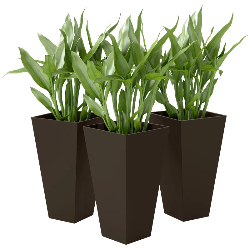 Outsunny 28" Tall Garden Plastic Planters, Outdoor and Indoor Flower Pots, Set of 3 for Entryway, Patio, Yard, Brown