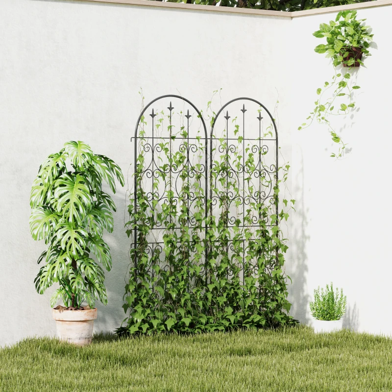 Outsunny Set of 2 Metal Garden Trellis, Decorative Trellis Panels, Scrollwork Design, 150 x 50 cm, Black