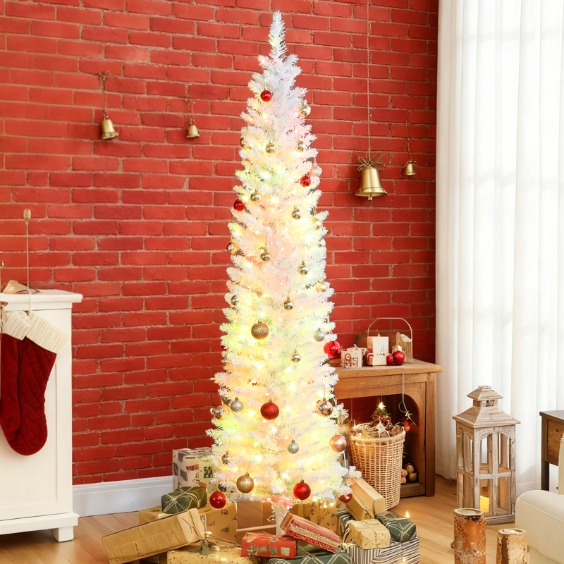 HOMCOM 6ft Christmas Tree with Colourful DIY Synchronized LEDs, Hinged Pencil Xmas Tree with Remote, Daily Timer, White