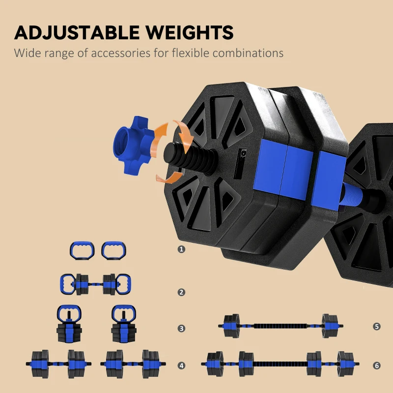 Soozier 6-in-1 Adjustable Dumbbell Set, Used as Kettlebell, Barbell, Dumbbell, Push-Up Stand, 44lbs Free Weights Set, Blue