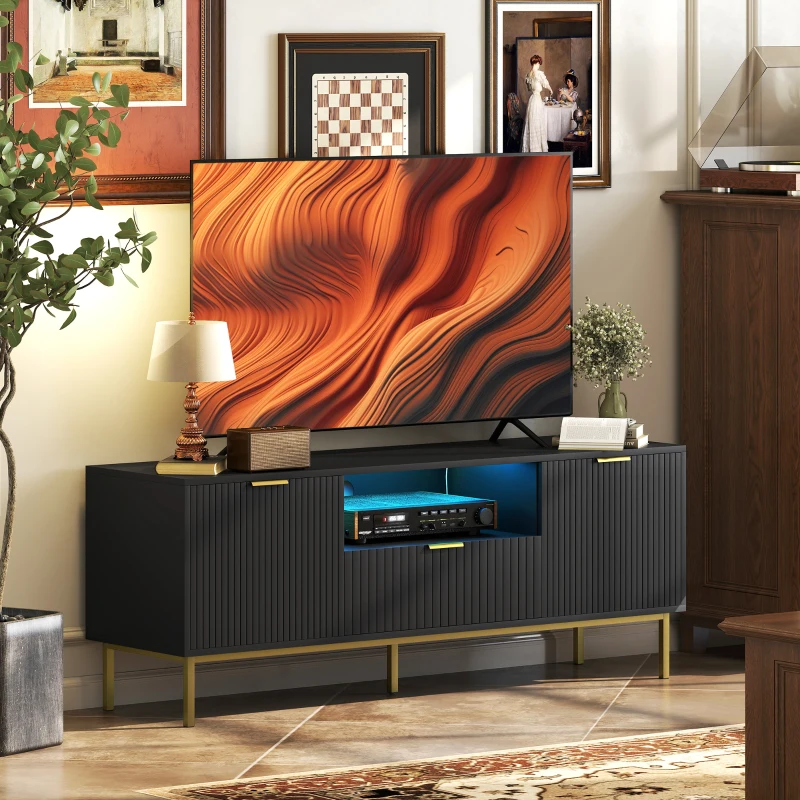 HOMCOM Modern TV Console for TVs up to 50 Inch, Entertainment Center with Smart RGB LED Lights and Soft Close Doors, Black