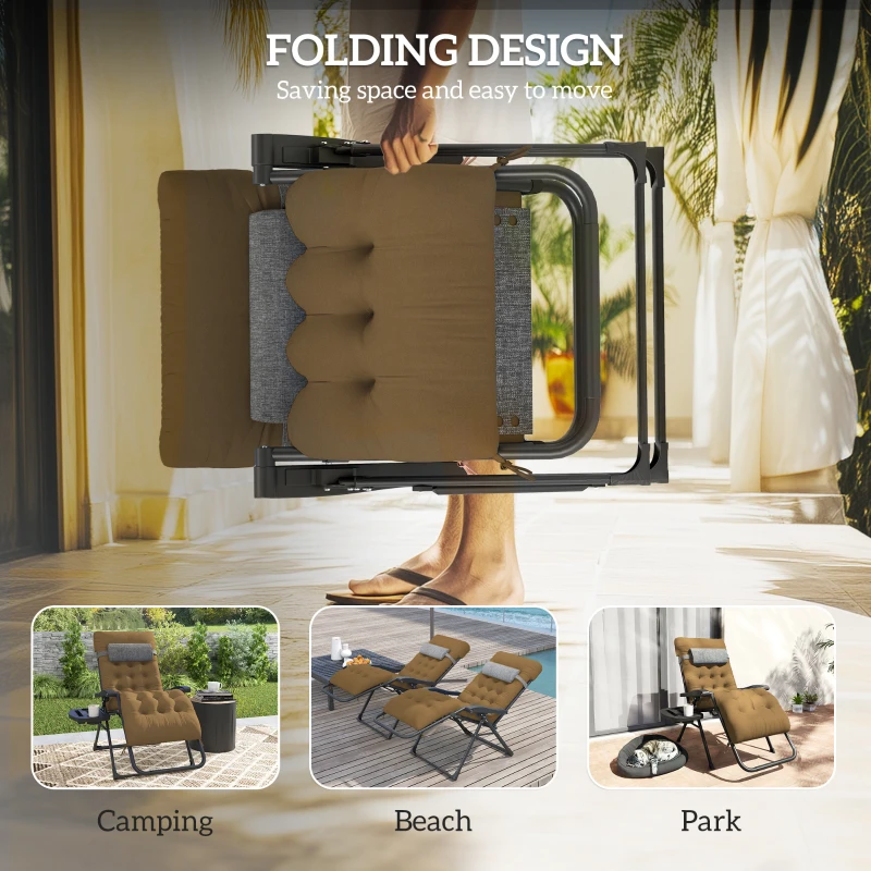 Outsunny Padded Folding Recliner Chair, Patio Lounger with Cupholder, Adjustable Backrest, Removable Cushion, Light Khaki