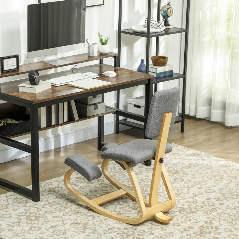 HOMCOM Ergonomic Kneeling Chair, Rocking Wood Kneel Stool with Backrest for Improve Posture, Back Pain, Grey