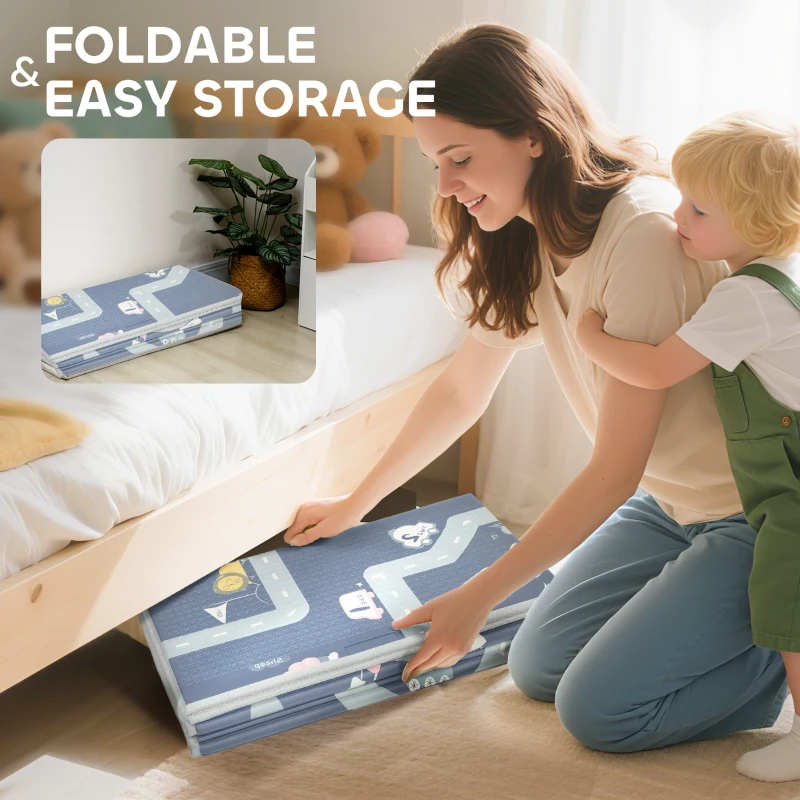 Qaba Foldable Baby Plat Mat, 79" x 59" Kids Floor Mat for Crawling and Learning, Alphabet & Track Theme