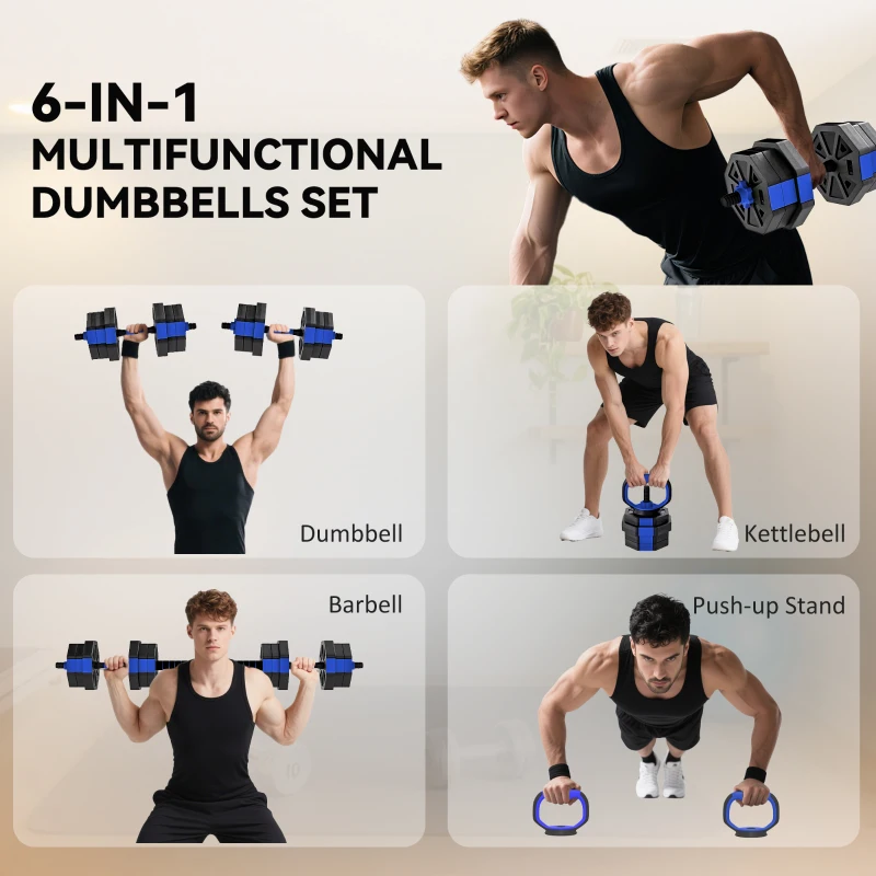 Soozier 6-in-1 Adjustable Dumbbell Set, Used as Kettlebell, Barbell, Dumbbell, Push-Up Stand, 44lbs Free Weights Set, Blue