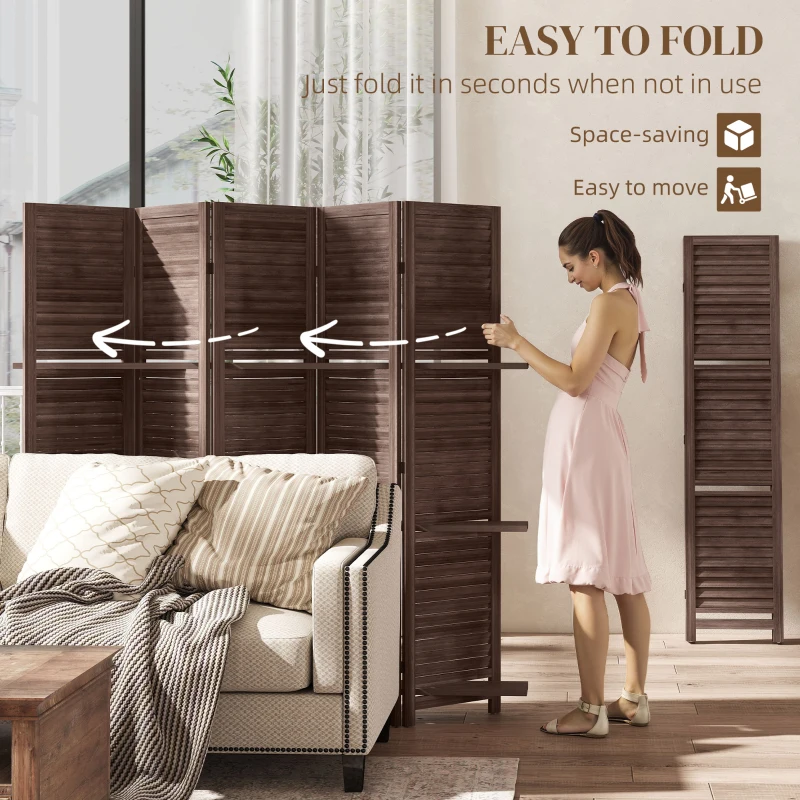 HOMCOM 5 Panel 67" Tall Wood Privacy Screen Room Divider with 3 Shelves and Folding Storage for Bedroom, Walnut