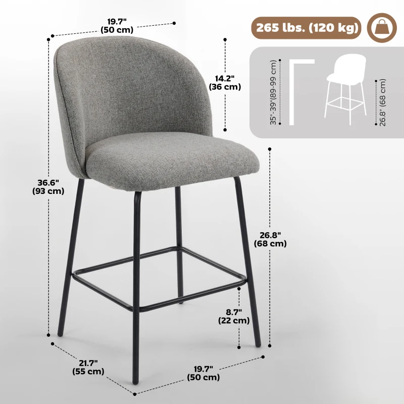 HOMCOM Set of 2 Counter Height Barstools, Upholstered Linen Bar Stools with Backrest, Footrest and Steel Legs, Dark Grey