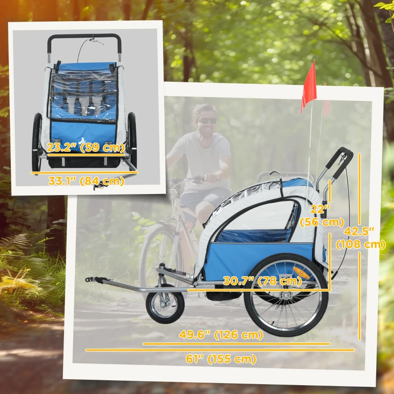 Aosom 2-in-1 Bike Trailer for Kids, Foldable 2-Seat Baby Stroller with 5-Point Harness, Rubber Wheels, Storage Bag, Blue