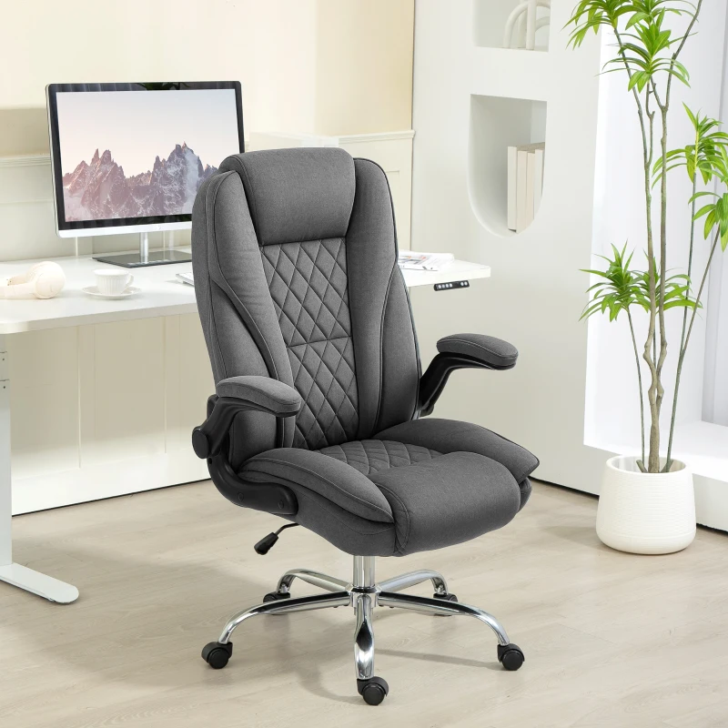 HOMCOM Executive Office Chair, Desk Chair with Flip-up Armrest, Diamond Fabric Computer Chair for Home Office, Dark Grey