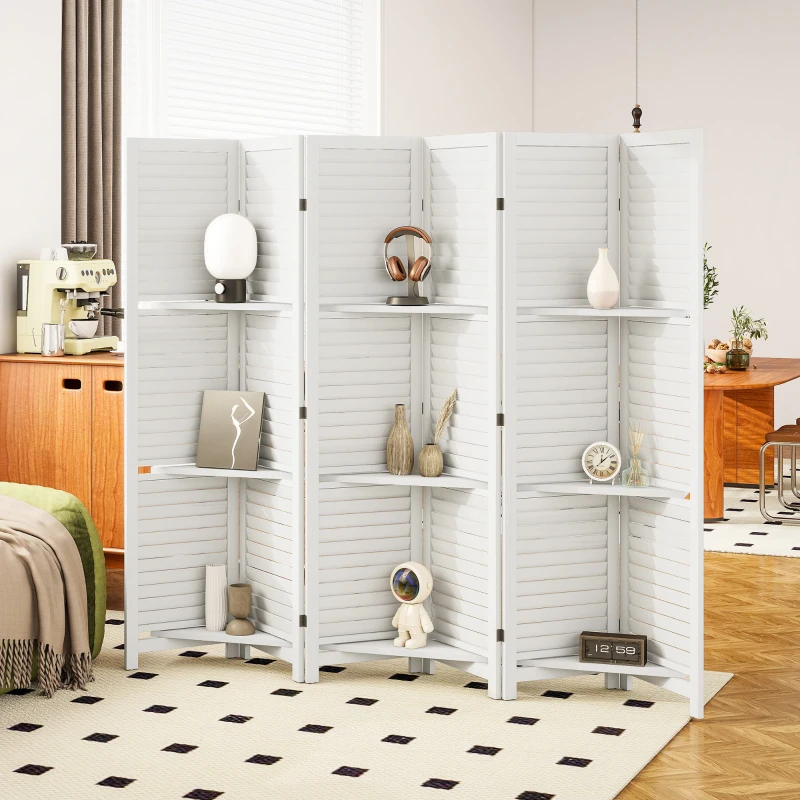 HOMCOM 6 Panel 67" Tall Wood Privacy Screen Room Divider with 3 Shelves and Folding Storage for Bedroom, White