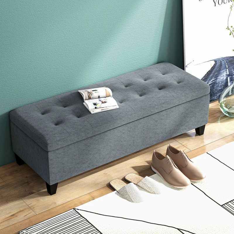 HOMCOM Rectangular Entry Bench, Tufted Upholstered Linen Fabric Wood Feet Storage Ottoman Bench, Grey