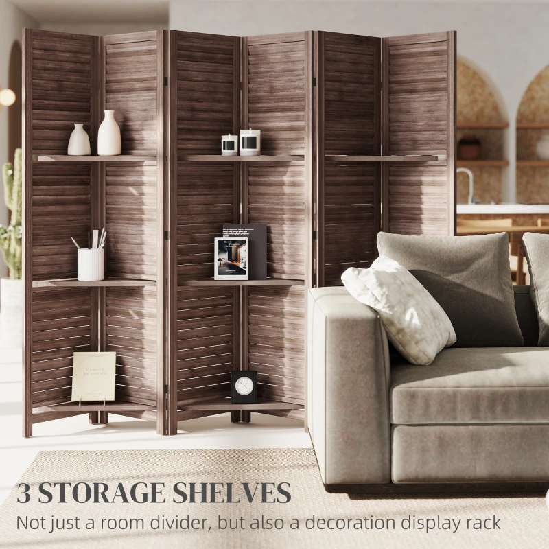 HOMCOM 6 Panel 67" Tall Wood Privacy Screen Room Divider with 3 Shelves and Folding Storage for Bedroom, Walnut