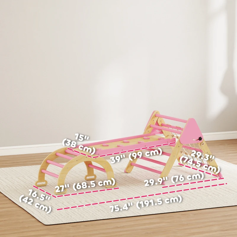 Qaba 8-in-1 Pikler Triangle Set, Foldable Wooden Climbing Toys with Arch, Ramp and Ladder for Ages 18-48 Mouths, Pink