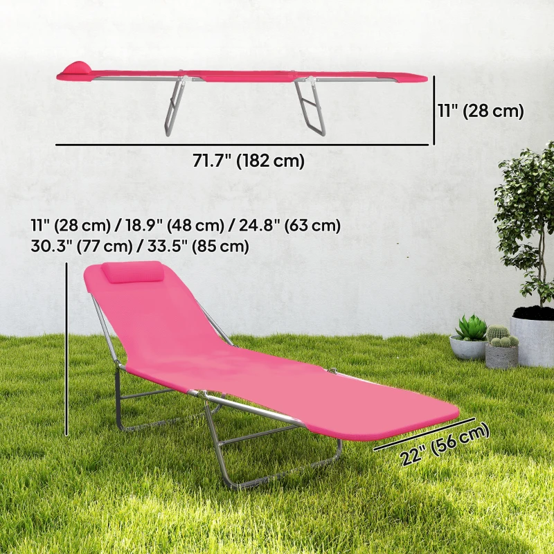 Outsunny Outdoor Lounge Chair, Portable Reclining Seat, Folding Chaise Lounge, Tanning Chair Bed with Pillow, Pink