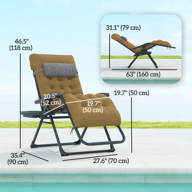 Outsunny Padded Folding Recliner Chair, Patio Lounger with Cupholder, Adjustable Backrest, Removable Cushion, Light Khaki