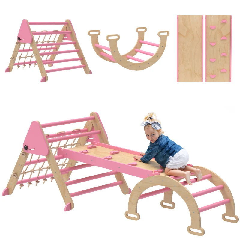 Qaba 8-in-1 Pikler Triangle Set, Foldable Wooden Climbing Toys with Arch, Ramp and Ladder for Ages 18-48 Mouths, Pink