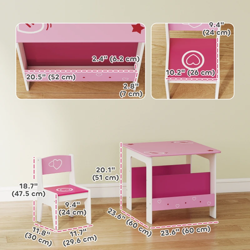 Qaba 3 Pieces Kids Table and Chair Set with Bookshelves, for Classroom, Home, Nursery, Playroom, for Read, Draw, Art, Pink