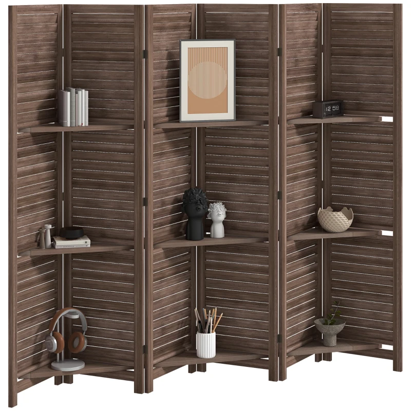 HOMCOM 6 Panel 67" Tall Wood Privacy Screen Room Divider with 3 Shelves and Folding Storage for Bedroom, Walnut