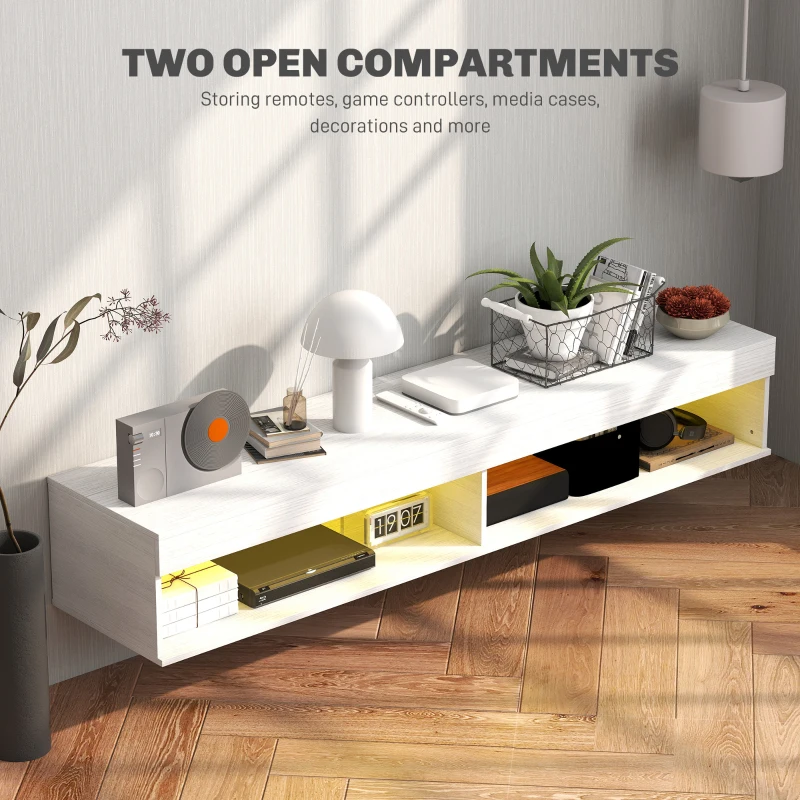 HOMCOM Modern Wall Mounted TV Stand with Storage and LED Lights for TVs up to 75", Floating TV Shelf for Living Room, White