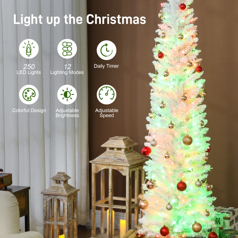 HOMCOM 6ft Christmas Tree with Colourful DIY Synchronized LEDs, Hinged Pencil Xmas Tree with Remote, Daily Timer, White
