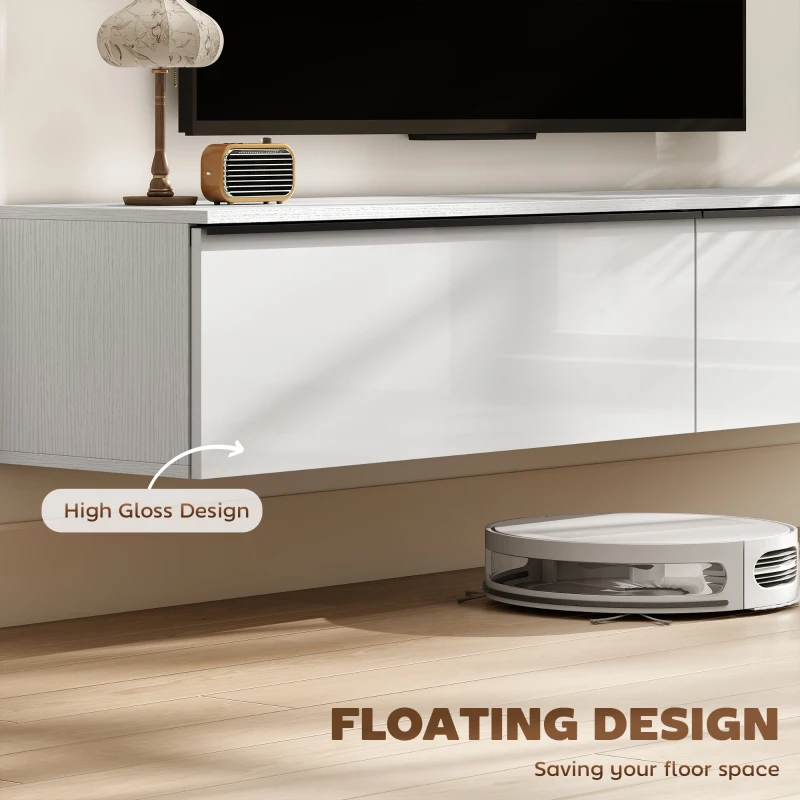 HOMCOM Wall Mounted TV Stand, Floating TV Cabinet with Storage, for TVs up to 80", High Gloss Effect, White