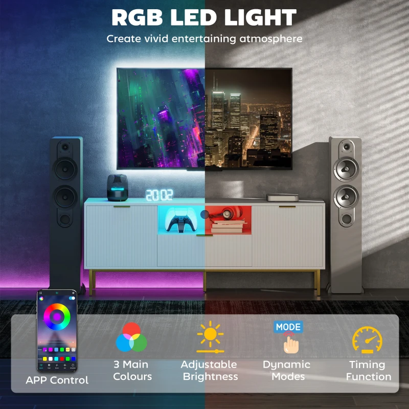 HOMCOM Modern TV Console for TVs up to 50 Inch, Entertainment Center with Smart RGB LED Lights and Soft Close Doors, White