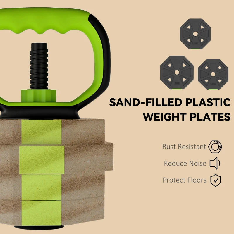 Soozier 6-in-1 Adjustable Dumbbell Set, Used as Kettlebell, Barbell, Dumbbell, Push-Up Stand, 44lbs Free Weights Set, Green