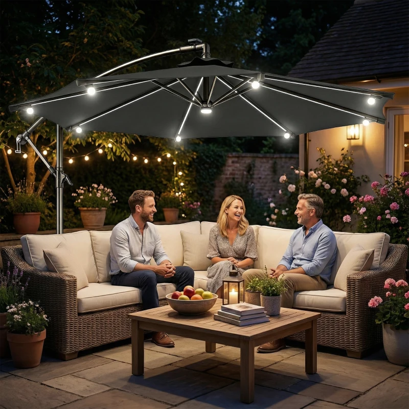 Outsunny 8.8FT Cantilever Patio Umbrella with Solar Powered LED Lights, Crank Handle, Cross Base for Outdoor Sun Shade, Grey