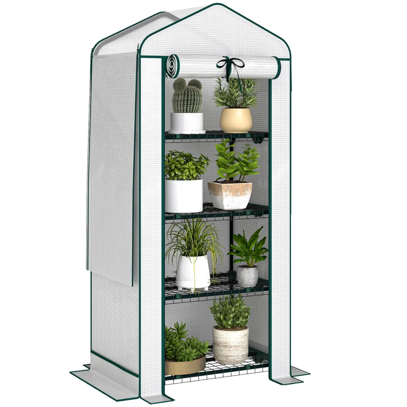 Outsunny Mini Greenhouse with Screen Roof, Portable Small Greenhouse with Roll-Up Zipper Door, 27.6" x 19.7" x 62.2", White