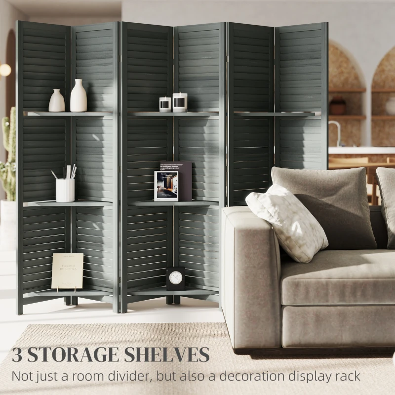 HOMCOM 6 Panel 67" Tall Wood Privacy Screen Room Divider with 3 Shelves and Folding Storage for Bedroom, Gray