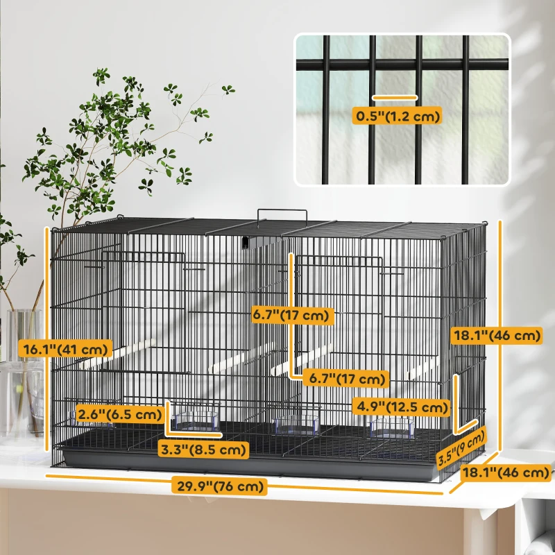 PawHut 18" H Bird Cage, Large Parakeet Cage for Budgie, Lovebird, Canary, Finches with Divider, Black