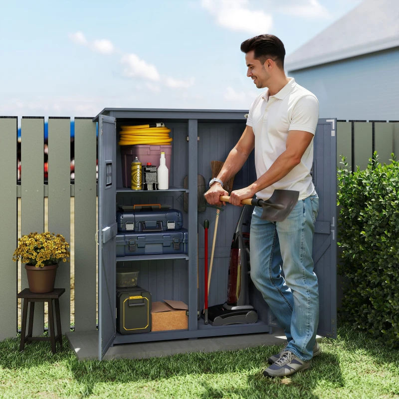 Outsunny 4x1.5ft Wooden Garden Storage Shed, Outdoor Tool Cabinet Organizer with Windows and Double Door, Dark Grey