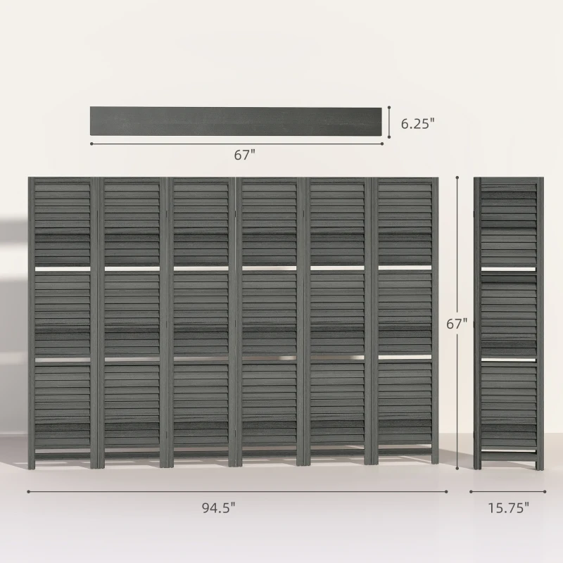 HOMCOM 6 Panel 67" Tall Wood Privacy Screen Room Divider with 3 Shelves and Folding Storage for Bedroom, Gray