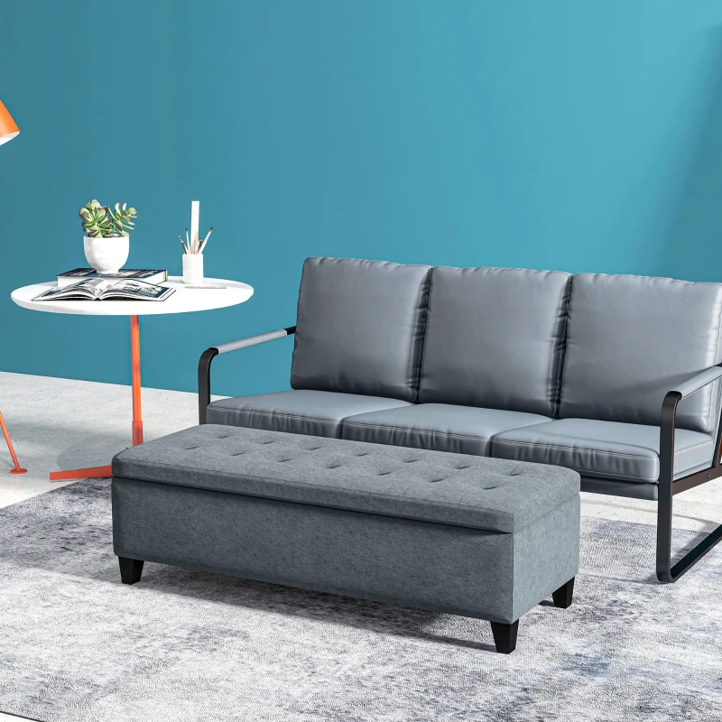 HOMCOM Rectangular Entry Bench, Tufted Upholstered Linen Fabric Wood Feet Storage Ottoman Bench, Grey