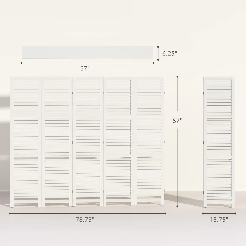 HOMCOM 5 Panel 67" Tall Wood Privacy Screen Room Divider with 3 Shelves and Folding Storage for Bedroom, White