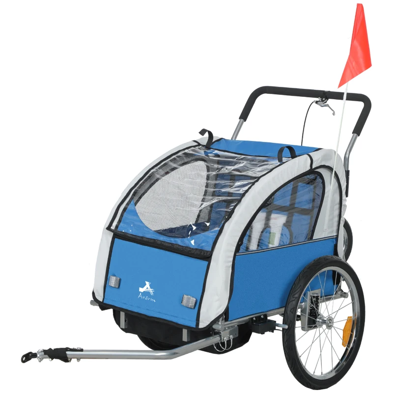Aosom 2-in-1 Bike Trailer for Kids, Foldable 2-Seat Baby Stroller with 5-Point Harness, Rubber Wheels, Storage Bag, Blue