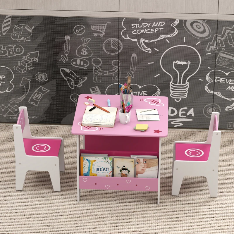 Qaba 3 Pieces Kids Table and Chair Set with Bookshelves, for Classroom, Home, Nursery, Playroom, for Read, Draw, Art, Pink