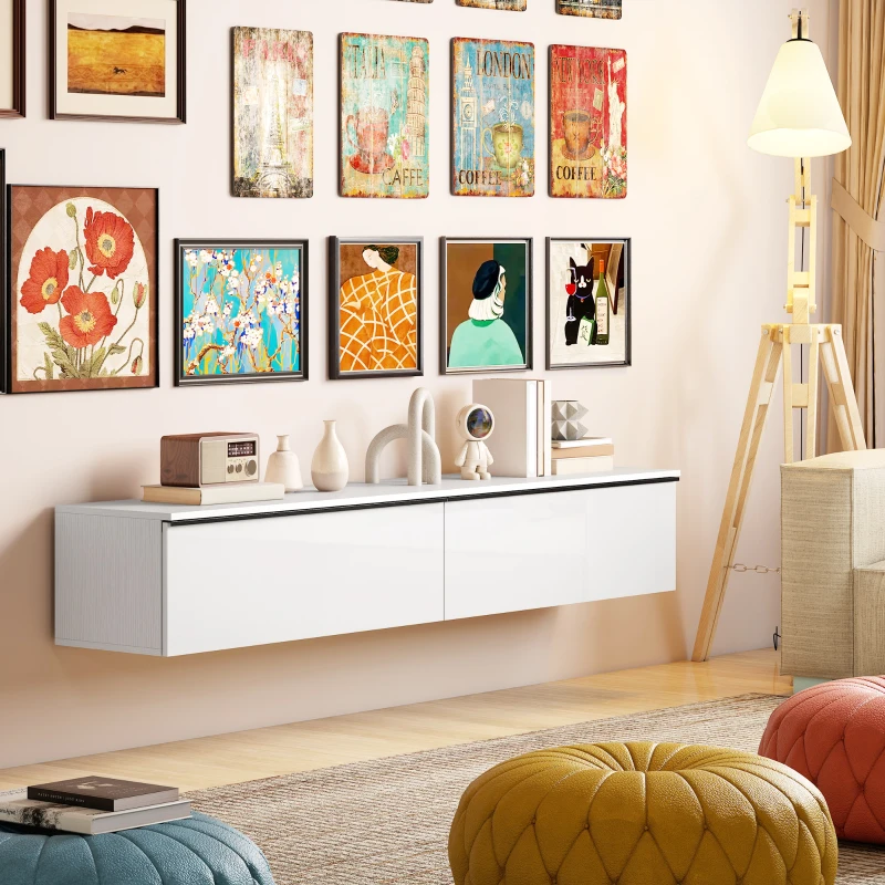 HOMCOM Wall Mounted TV Stand, Floating TV Cabinet with Storage, for TVs up to 80", High Gloss Effect, White