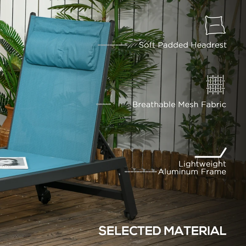 Outsunny Outdoor Lounge Chair, 5-Position Tanning Chair with Wheels, Headrest, Aluminum Frame for Poolside, Beach, Blue