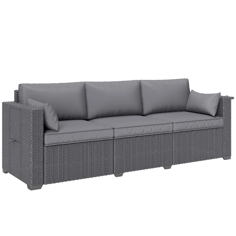 Outsunny 3 Seater Wicker Patio Sofa with Side Trays, Outdoor Couch with 6" Thick Back Cushions, Deep Seating, Grey