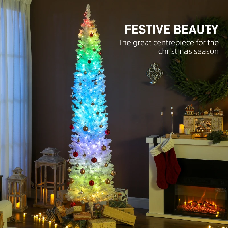 HOMCOM 7.5ft Christmas Tree with Colourful DIY Synchronized LEDs, Hinged Pencil Xmas Tree with Remote, Daily Timer, White