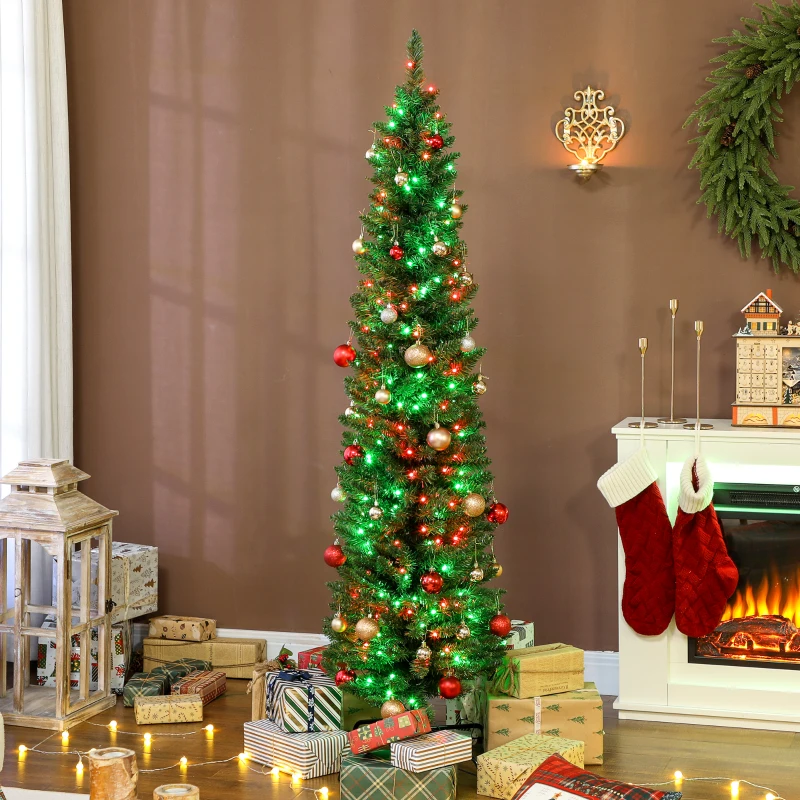 HOMCOM 6ft Christmas Tree with Colourful DIY Synchronized LEDs, Hinged Pencil Xmas Tree with Remote, Daily Timer, Green