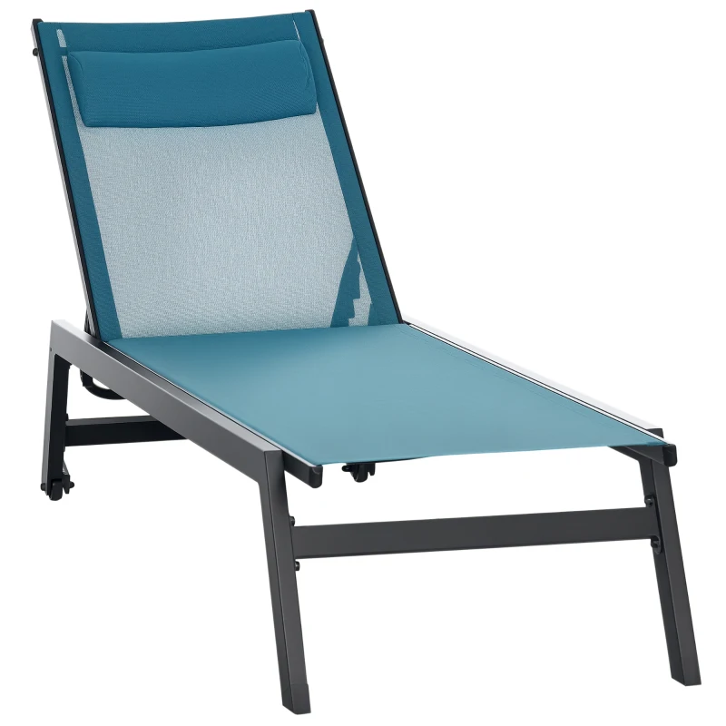 Outsunny Outdoor Lounge Chair, 5-Position Tanning Chair with Wheels, Headrest, Aluminum Frame for Poolside, Beach, Blue
