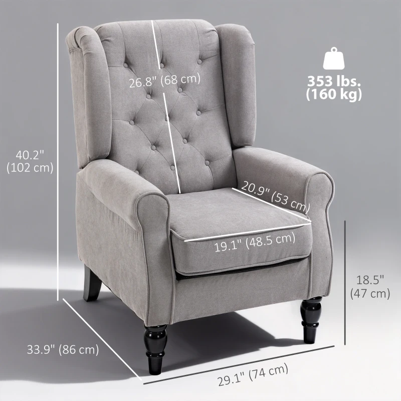 HOMCOM Fabric Accent Chair, Button Tufted Armchair, Upholstered Modern Living Room Chair, Wingback Chair with Wood Legs, Rolled Arms, Thick Padding for Bedroom, Grey