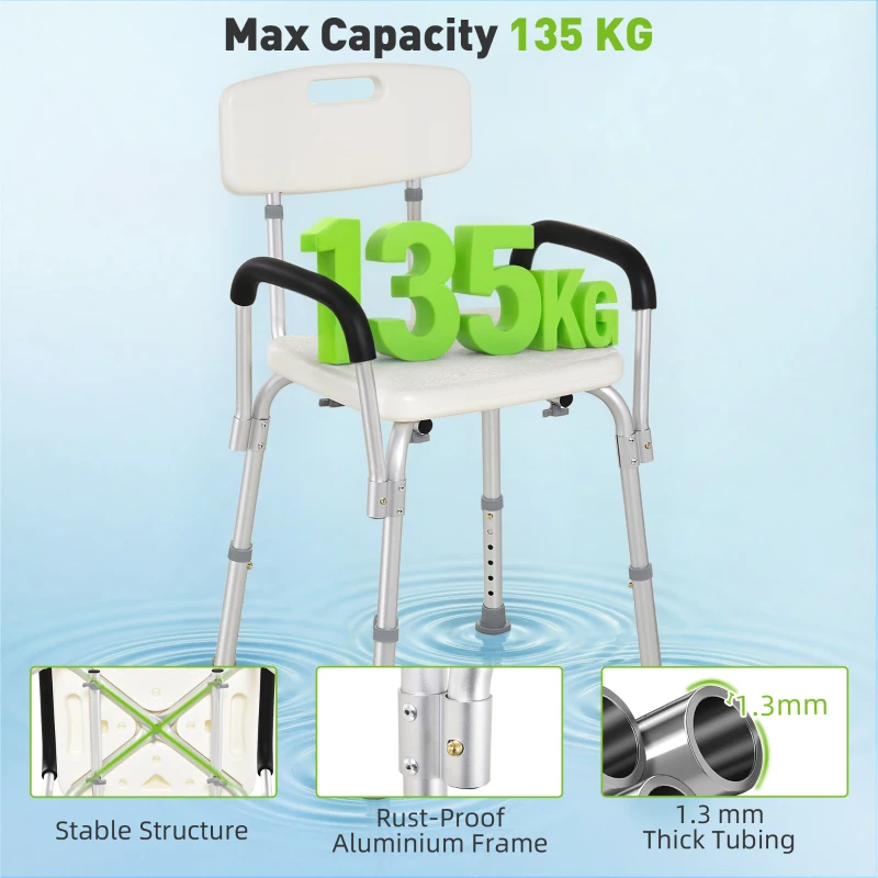 HOMCOM Adjustable Medical Shower Chair with Back, Bathtub Bench Bath Seat with Padded Arms, Non Slip Tub Safety for Disabled, Seniors, Elderly