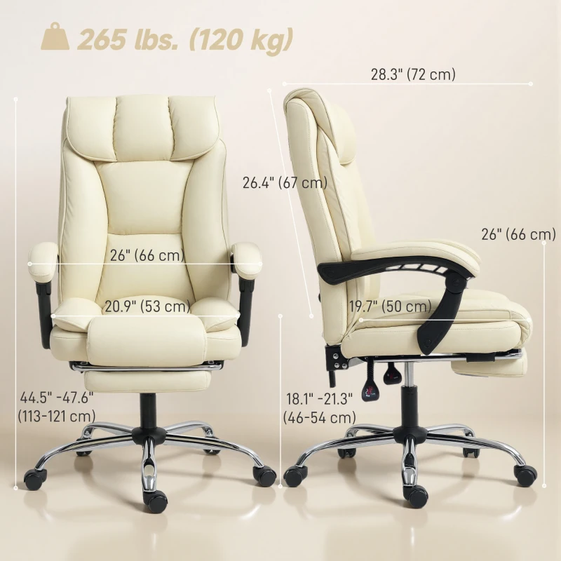 HOMCOM Executive Office Chair, Pet-Friendly Leather Ergonomic Desk Chair with Footrest, Swivel Recliner, Beige
